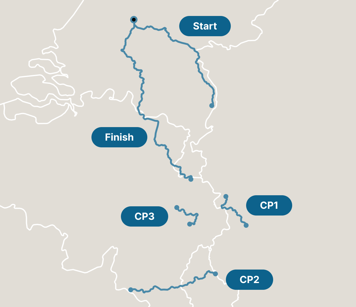 Map of the route from Utrecht to the three checkpoints and back